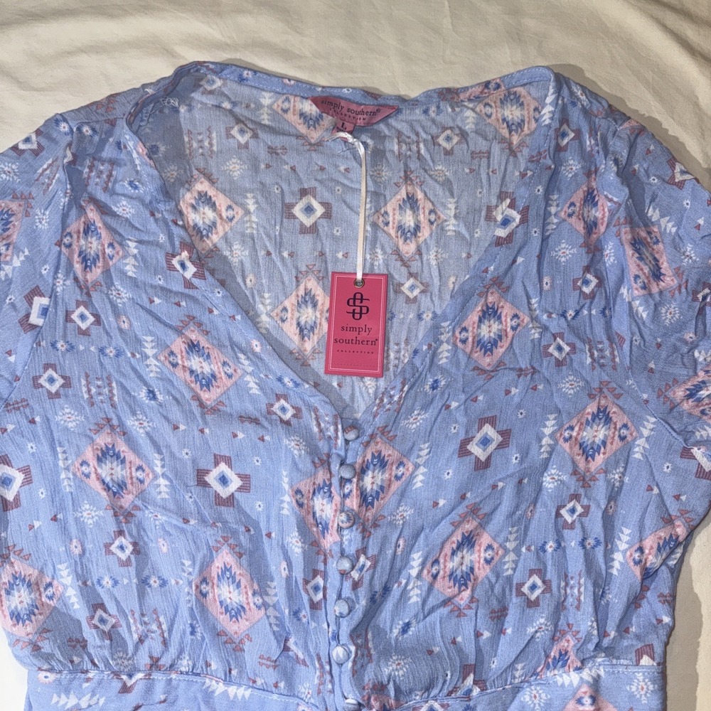 Simply Southern Romper Large Blue Aztec Print Tie Waist Short Sleeve Boho NWT